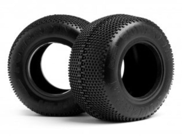 High-performance 1/10 RC tires with multiple rows of square mini pins for excellent traction on various terrains.