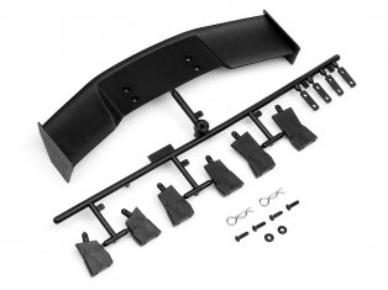 Aerodynamic black nylon wing set for 1/10 scale RC cars, includes adjustable mounts for optimal performance and style.