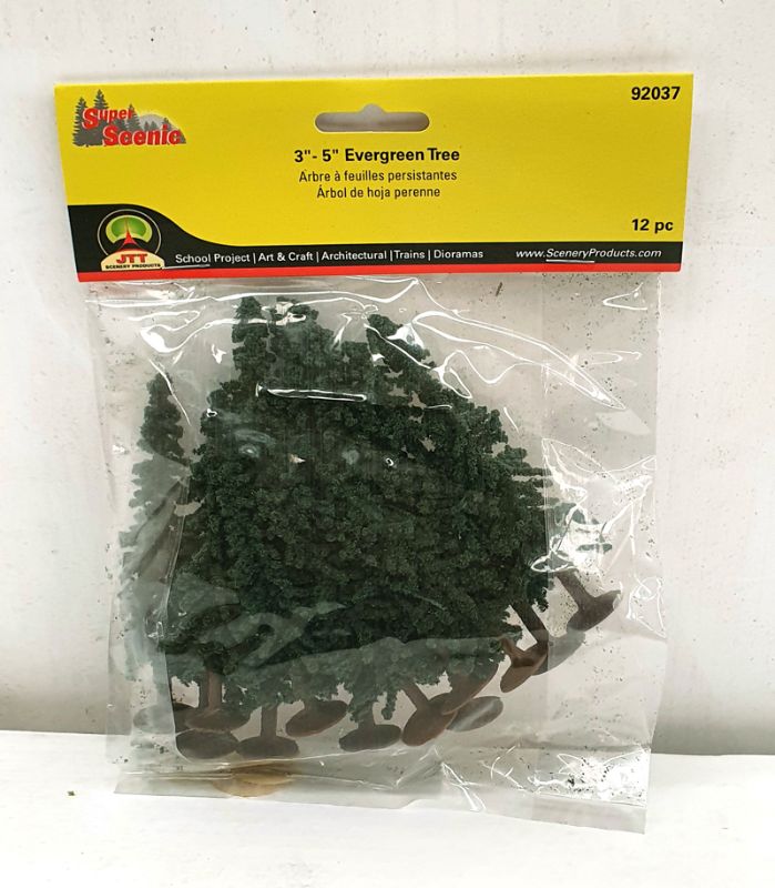 Set of 12 evergreen trees, each 75-100mm tall, perfect for model scenery and dioramas.