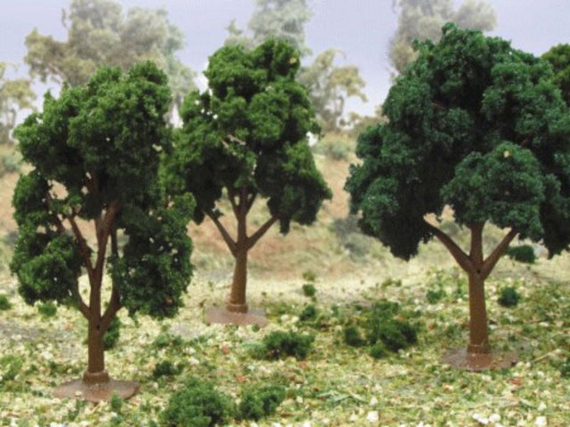 JJT Model Scenery pack of 10 green deciduous trees, each 1.5-2 inches tall, perfect for model landscapes and dioramas.