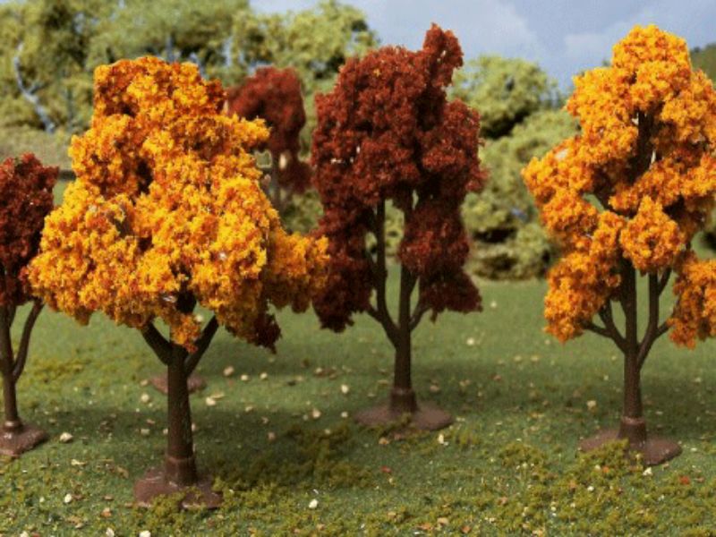 Set of 10 Autumn Deciduous trees (2-3 inches) with vibrant orange, red, and yellow foliage for model landscapes.