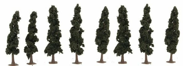 Set of 8 realistic 4-4.5 inch conifer trees, perfect for enhancing model train landscapes and dioramas.