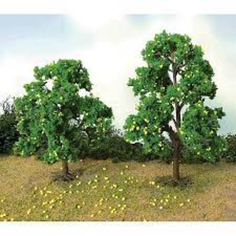 Set of six 2.5-3.5 inch detailed lemon trees for model scenery, perfect for dioramas and miniature landscapes.