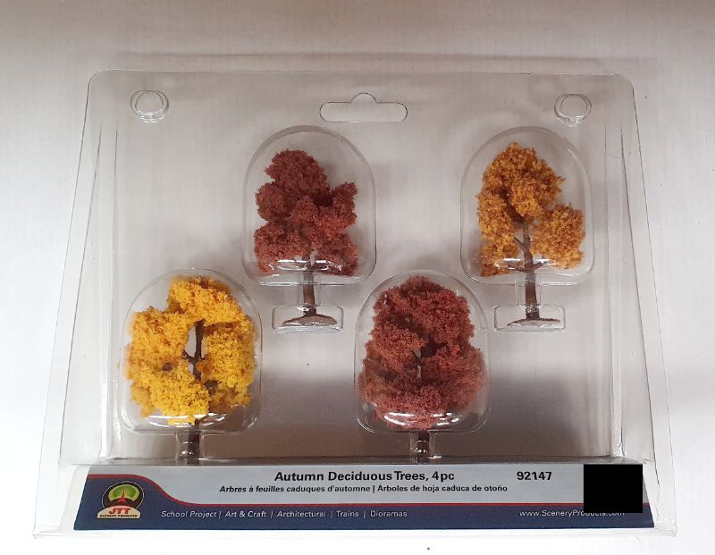 Set of 4 autumn deciduous trees, 2.5-3 inches tall, perfect for model scenery and dioramas.