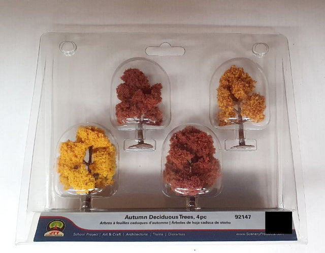 Set of 4 autumn deciduous trees, 2.5-3 inches tall, perfect for model scenery and dioramas.