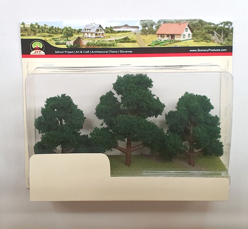 Three 4-5-inch dark green deciduous model trees, perfect for enhancing train sets and dioramas with realistic detail.