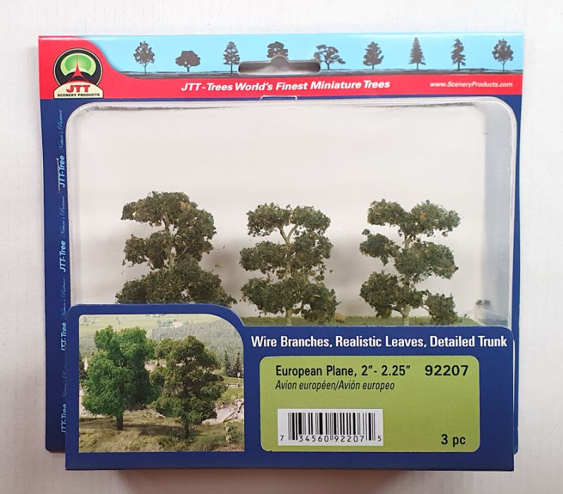Three Euro Plane Trees, 50-57mm, ideal for adding realistic greenery to model dioramas and scenery layouts.