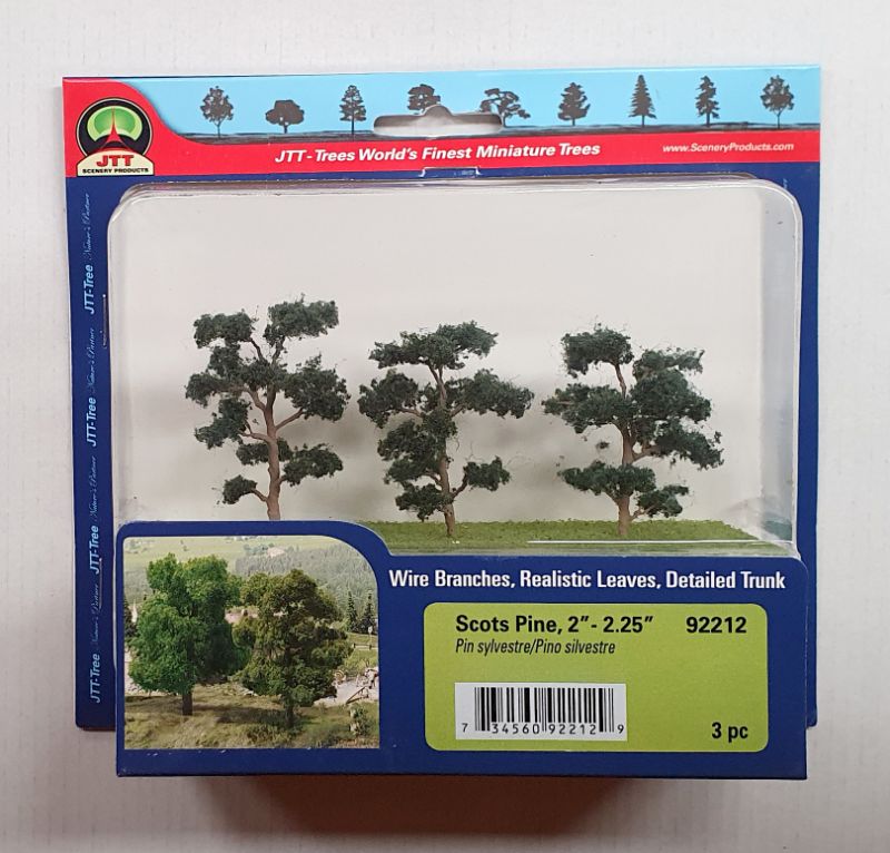 Set of three Scot Pine trees, 50-57mm tall, ideal for adding realism to model landscapes and dioramas.