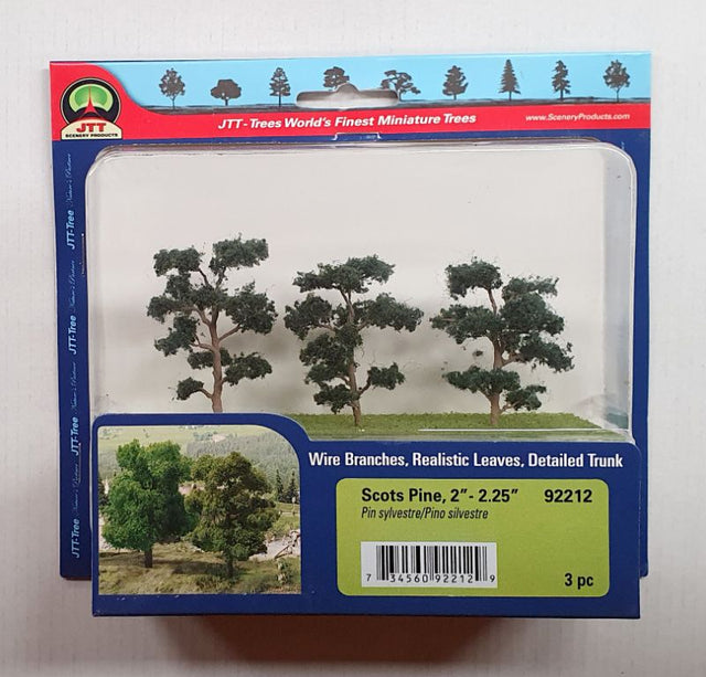Set of three Scot Pine trees, 50-57mm tall, ideal for adding realism to model landscapes and dioramas.