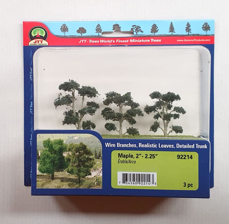 Three detailed JJT Model Scenery maple trees, 50-57mm tall, perfect for dioramas and enhancing model landscapes.