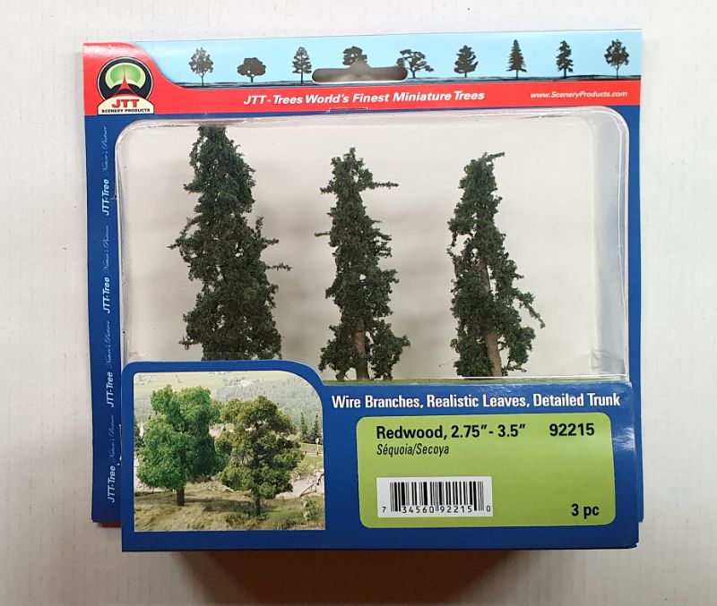 Detailed JJT Model Scenery redwood trees (70-89mm, 3 pack) enhance dioramas and train sets with lifelike greenery.