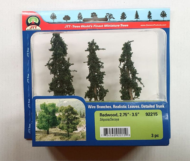 Detailed JJT Model Scenery redwood trees (70-89mm, 3 pack) enhance dioramas and train sets with lifelike greenery.