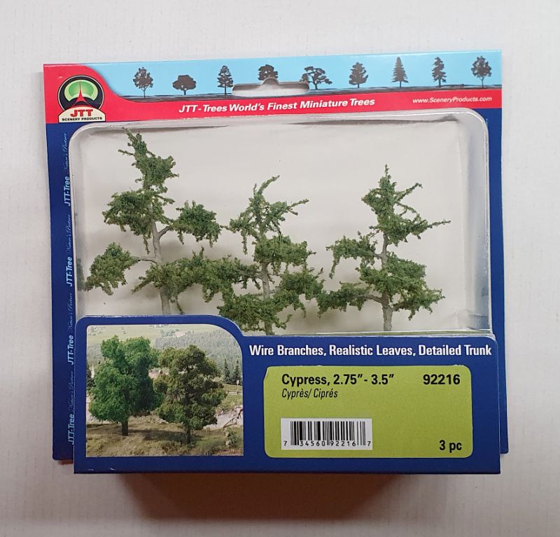 Set of 3 realistic cypress trees (70-89mm) for lifelike landscapes in model scenery and dioramas.