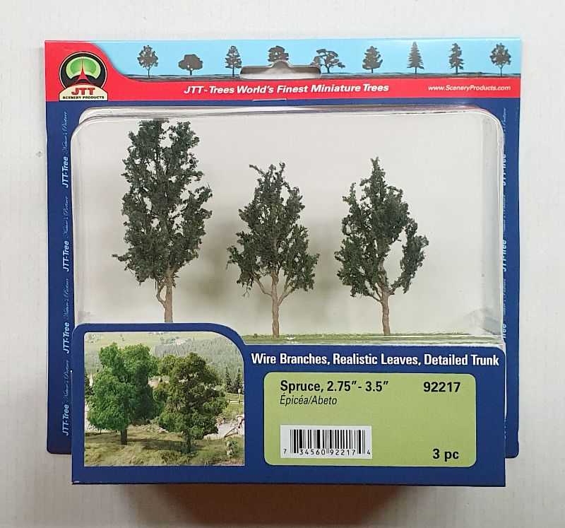 Set of 3 JJT Spruce Trees, 70-89mm, ideal for model landscapes and dioramas with realistic foliage details.