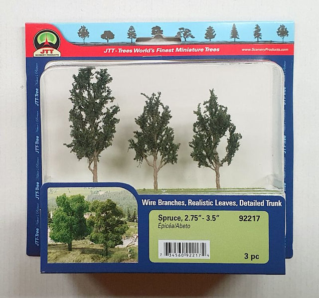 Set of 3 JJT Spruce Trees, 70-89mm, ideal for model landscapes and dioramas with realistic foliage details.