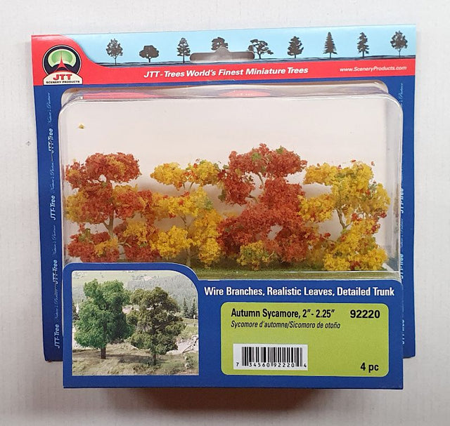 Realistic Autumn Sycamore trees, 57-63mm, perfect for dioramas and model landscapes with vibrant fall foliage.