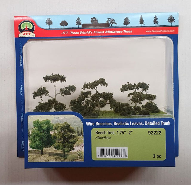 Set of 3 JJT Beech Trees, 44-50mm tall, featuring realistic detailing and vibrant foliage for model landscapes.