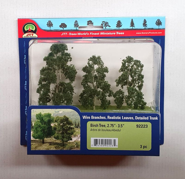 Set of 3 realistic birch trees (70-89mm) for model scenery, enhancing dioramas and miniature landscapes.