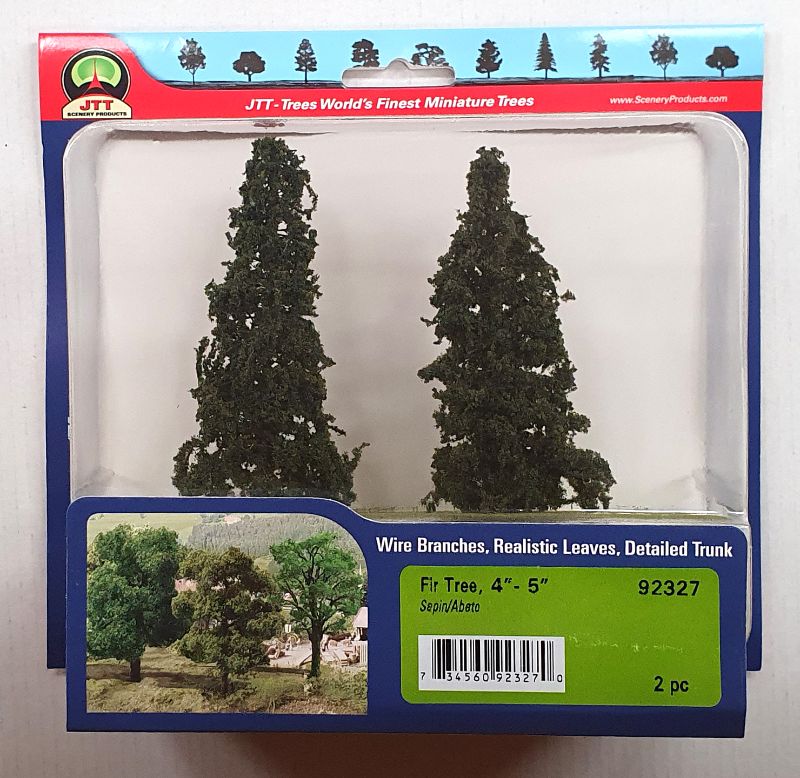 Set of two realistic 101.6mm fir trees for model railways and dioramas, enhancing miniature landscapes with vibrant colors.