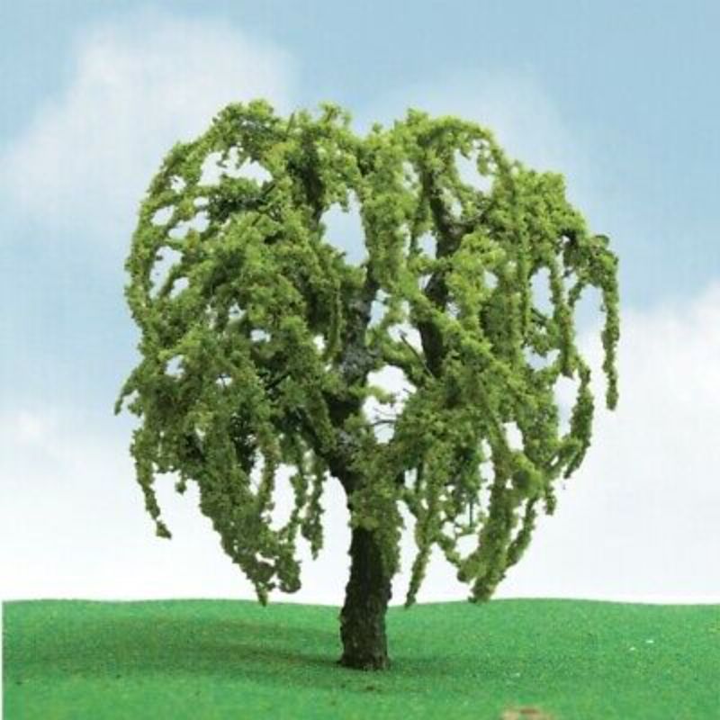 Realistic 40mm Weeping Willow trees, perfect for model scenery, dioramas, and railway setups, showcasing intricate detailing.