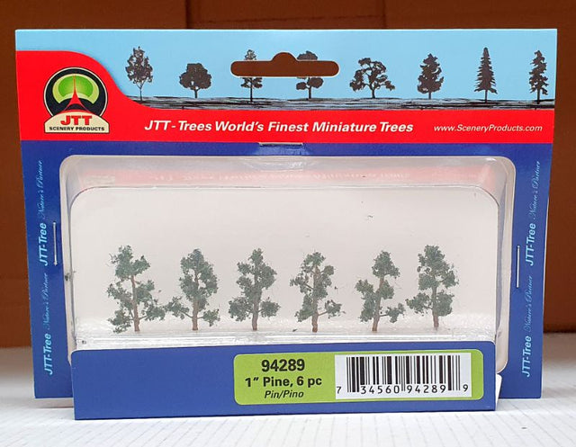 Set of six 25.4mm realistic pine trees for enhancing model landscapes and dioramas.