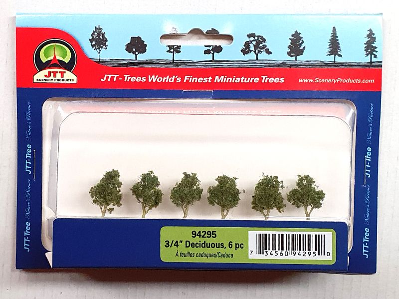 Set of 6 realistic 19.05mm deciduous trees for enhancing model railways and dioramas with vibrant foliage.