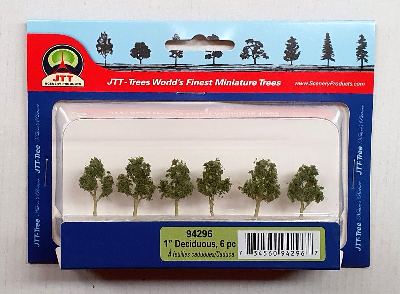 Set of 6 realistic 25.4mm deciduous trees for enhancing model railways and dioramas with vibrant foliage and detail.