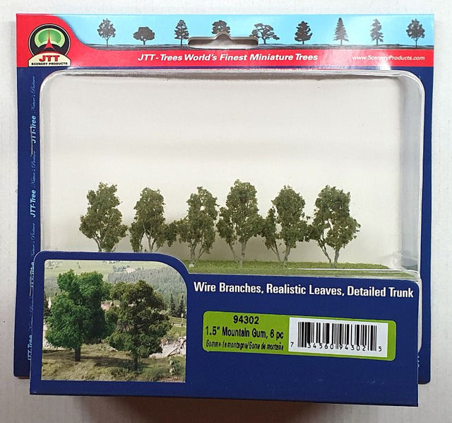 Set of 6 realistic 38.1mm Mountain Gum Trees for dioramas and railway layouts, perfect for enhancing model scenery.