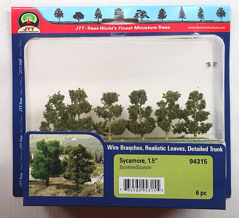 Set of six 38.1mm sycamore trees, intricately detailed for realistic model landscapes and dioramas.