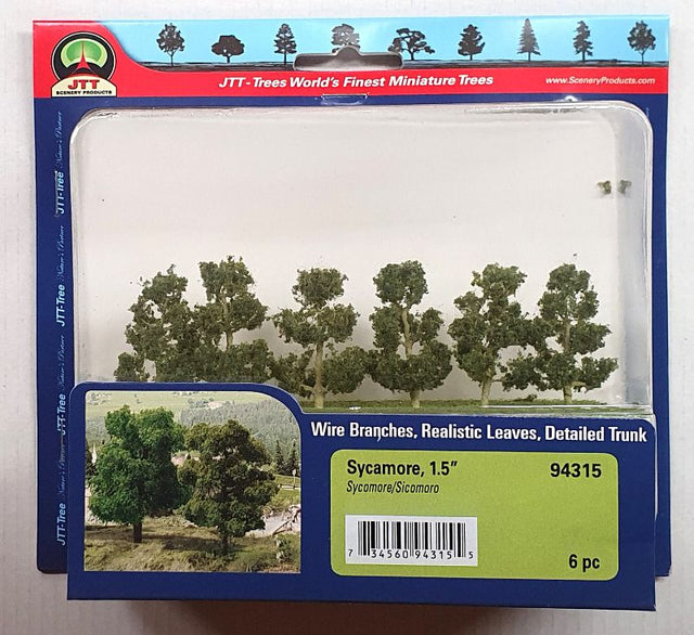 Set of six 38.1mm sycamore trees, intricately detailed for realistic model landscapes and dioramas.