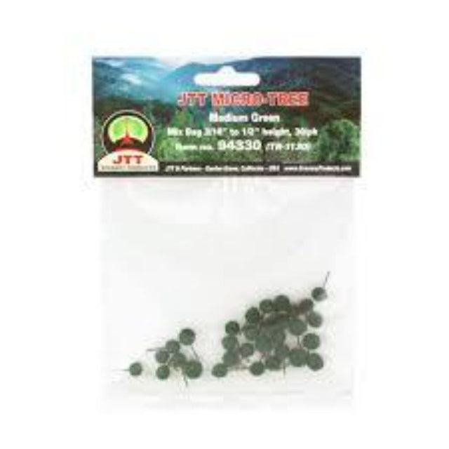 30 medium green micro-trees for model railway and diorama scenery, featuring realistic detailing and easy positioning.