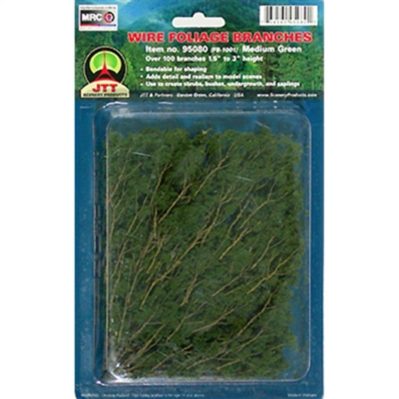 Medium green branches for model scenery, measuring 38-75mm, pack of 60, ideal for enhancing dioramas and models.