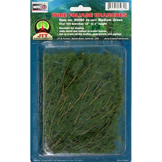 Medium green branches for model scenery, measuring 38-75mm, pack of 60, ideal for enhancing dioramas and models.