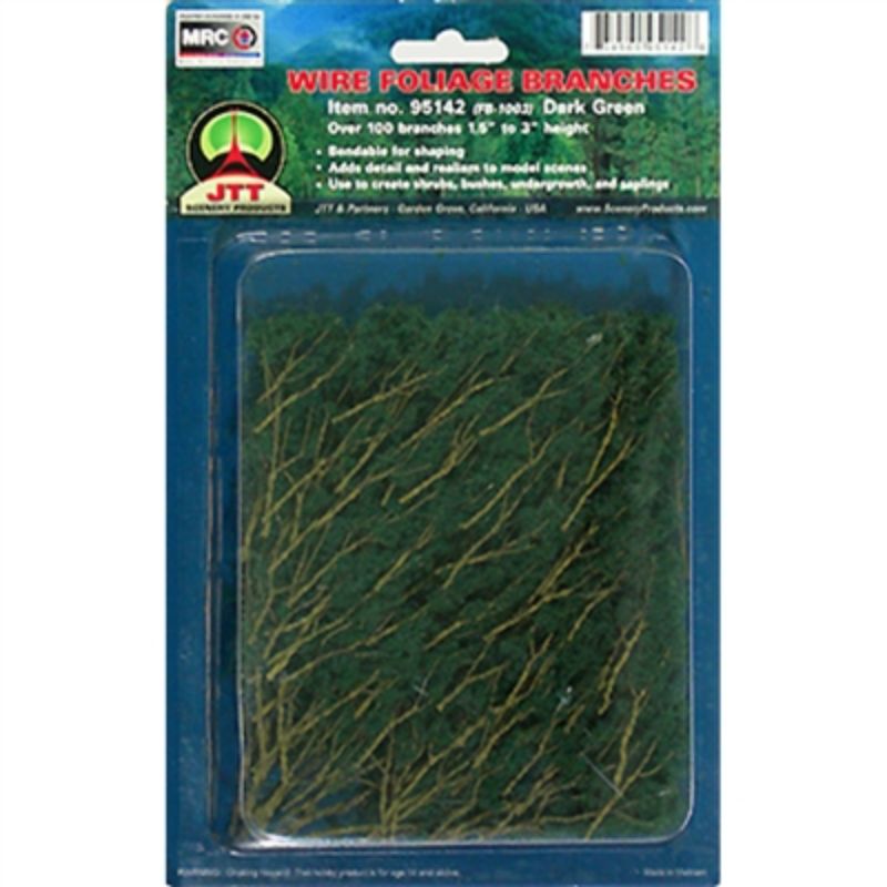 Realistic dark green branches in varying sizes (38-75mm) for model scenery, pack of 60 pieces.
