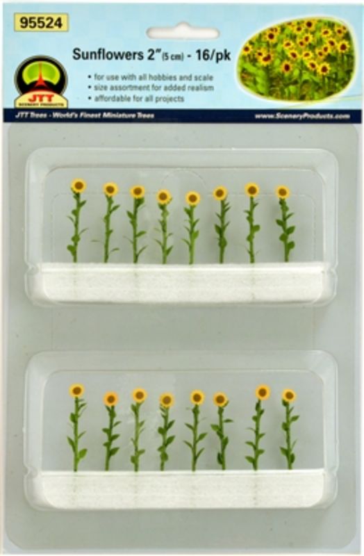 Set of 16 O scale 50mm sunflowers, vibrant and realistic, perfect for enhancing model scenery and dioramas.
