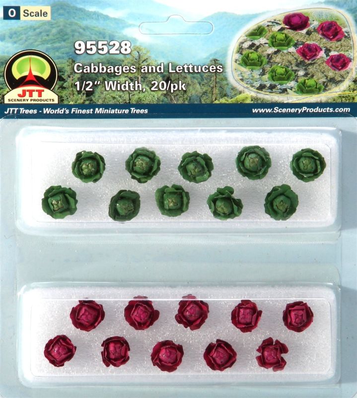 Pack of 20 realistic O scale 12mm cabbage lettuce plants, ideal for enhancing model landscapes and dioramas.