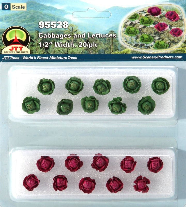 Pack of 20 realistic O scale 12mm cabbage lettuce plants, ideal for enhancing model landscapes and dioramas.