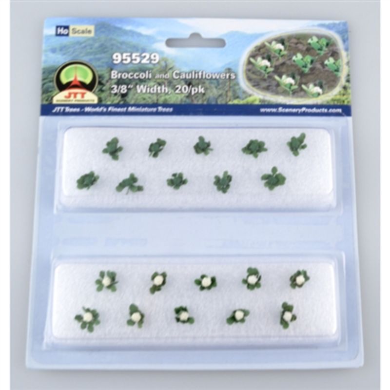 Pack of 20 realistic HO scale broccoli cauliflowers for enhancing model railway scenery with vibrant color and texture.