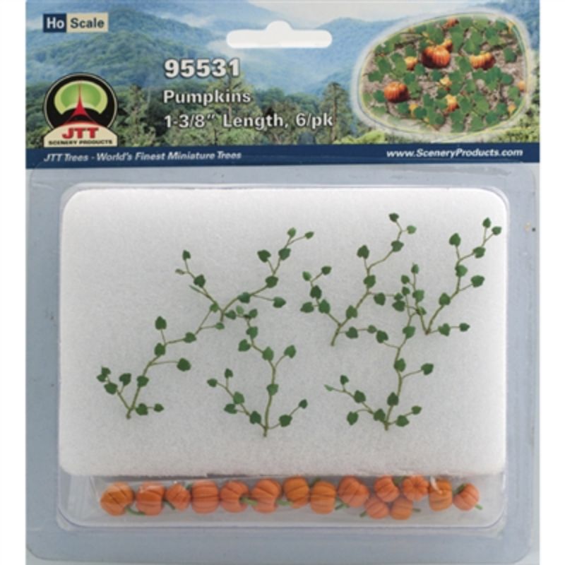Colorful HO scale pumpkins, 9.5mm tall, perfect for autumn or Halloween dioramas, pack of 6 realistic details.