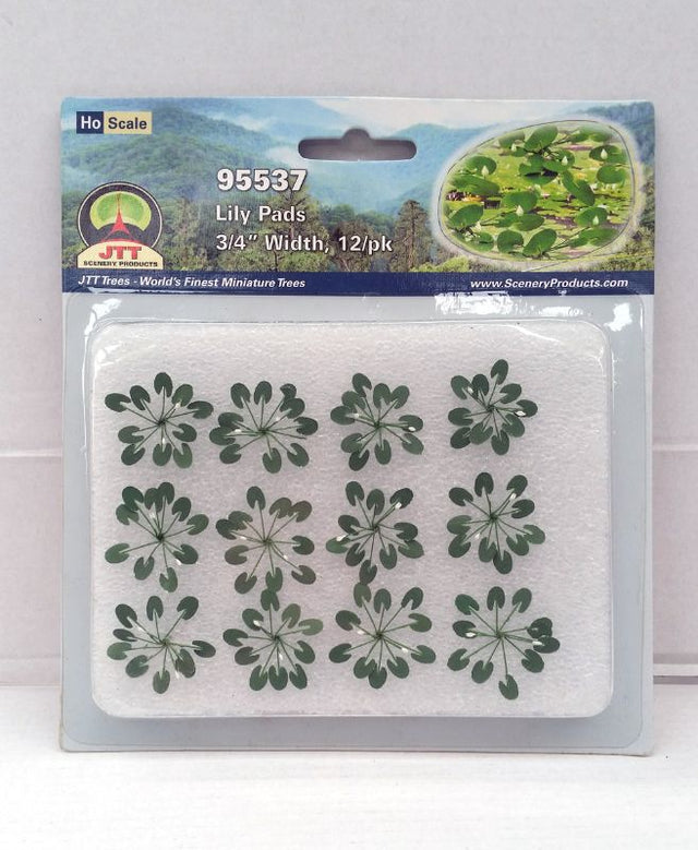 Realistic HO scale lily pads (19mm) set of 12, ideal for enhancing model water features in train layouts and dioramas.