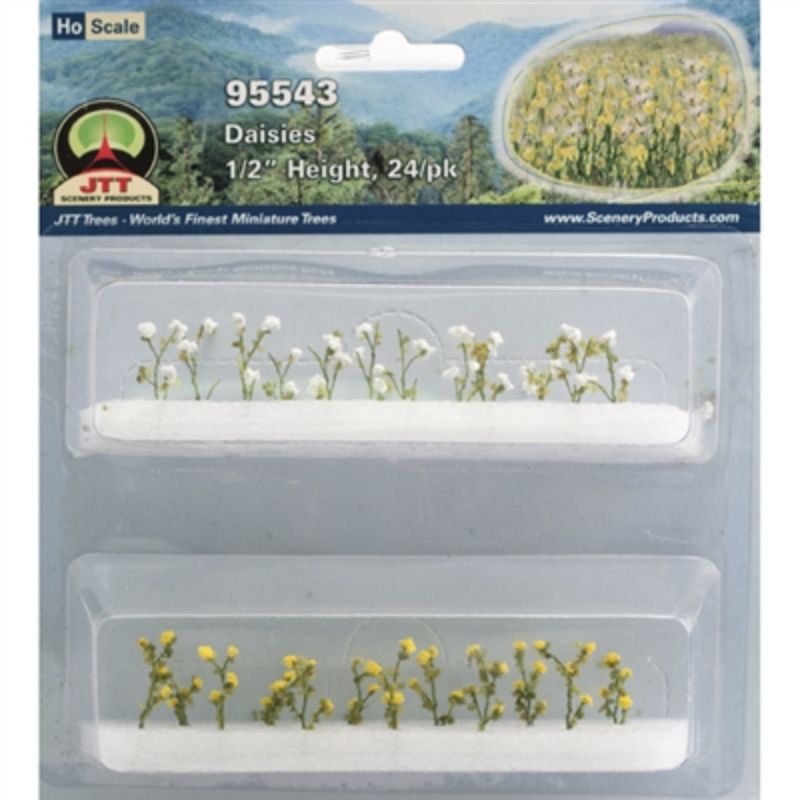 A pack of 24 HO scale 13mm daisies for model scenery, perfect for adding realism to dioramas and landscapes.