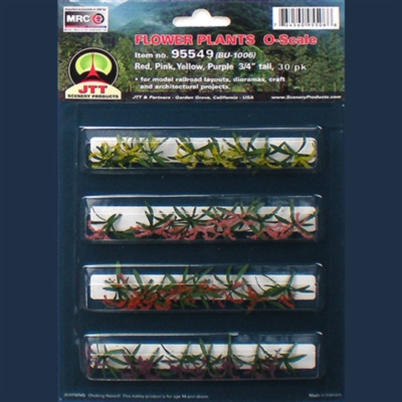 Vibrant O scale 19mm flower plants set of 30, perfect for model scenery and dioramas.