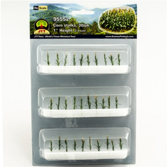 Realistic 25mm corn stalks, pack of 36, enhancing HO scale model railways and dioramas with lifelike detail.
