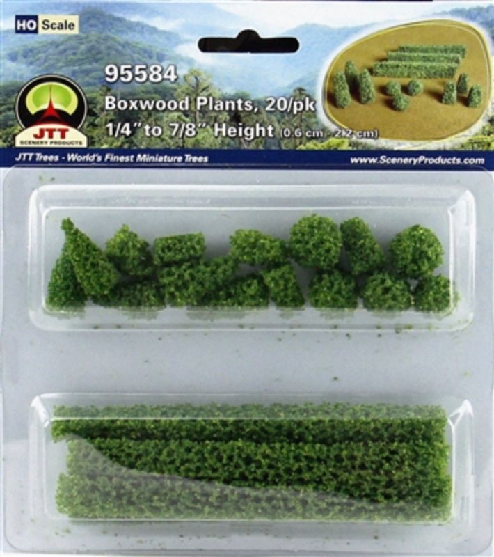 Realistic HO scale boxwood plants, perfect for enhancing model scenery with lush greenery.