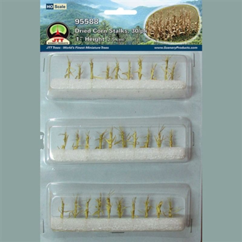 Set of 30 realistic dried corn stalks for HO scale model railways and dioramas, perfect for enhancing rural landscapes.