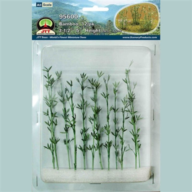 Set of 12 eco-friendly bamboo models for HO/O scale train layouts, enhancing realism in miniature scenery.