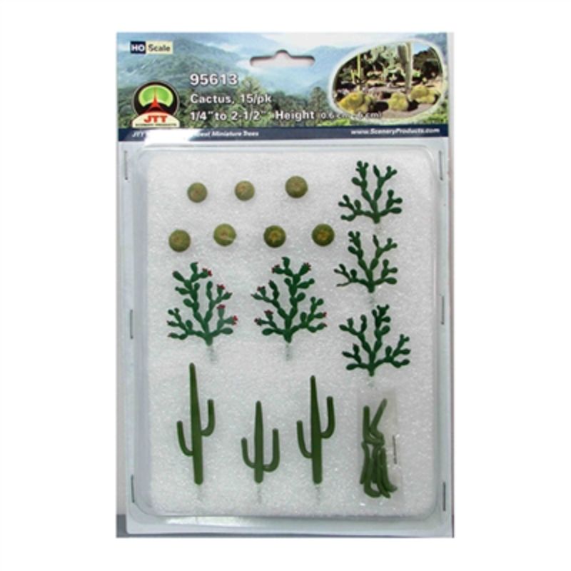 15 lifelike miniature cacti for HO scale model railways, perfect for realistic desert scenes and dioramas.