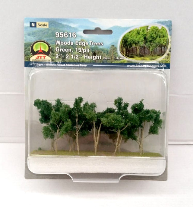 Pack of 15 JJT N gauge wood edge trees with vibrant green foliage for realistic model railway and diorama scenes.