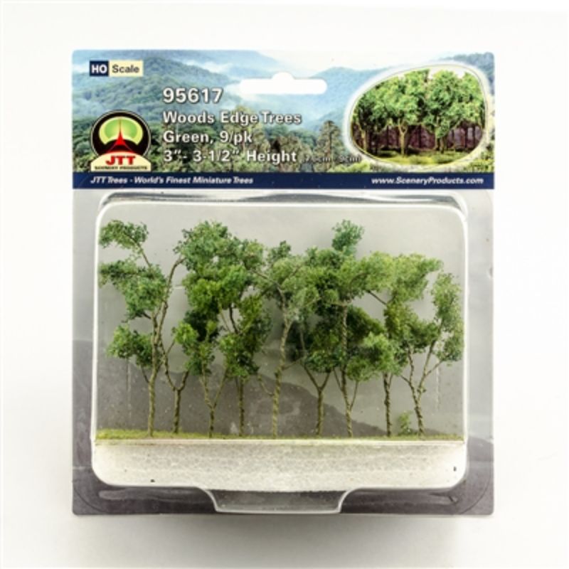Realistic set of nine green wood edge trees for model landscapes and dioramas, enhancing outdoor themed projects.