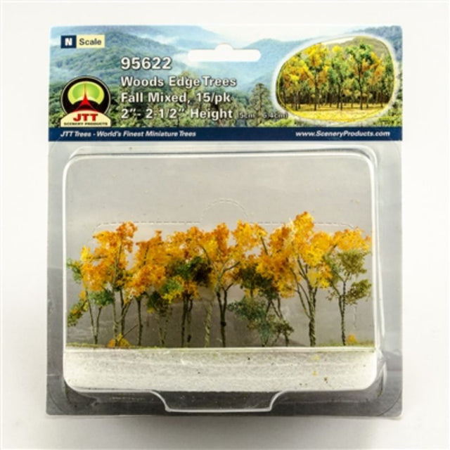 A set of 15 miniature autumn trees in various shapes for enhancing model railway scenery and dioramas.
